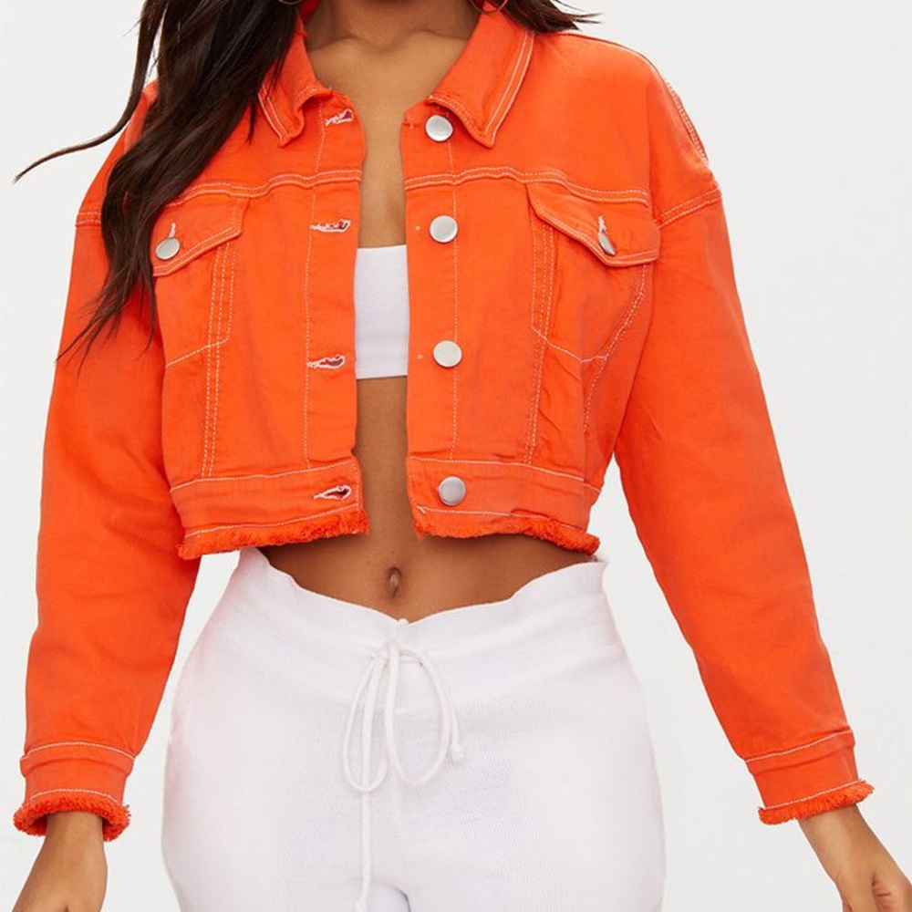Bright Orange Cropped Denim Jacket